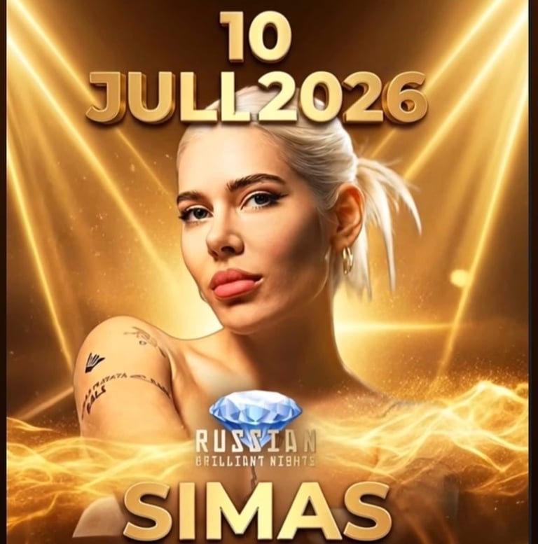 Promotional poster for SIMAS event on July 10, 2026, featuring a woman with blonde hair and gold glowing effects